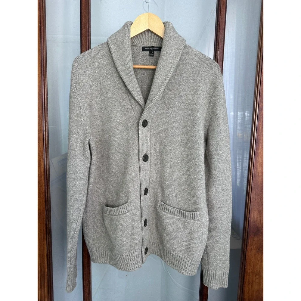 Banana Republic Mens Shawl Collar Cardigan Sweater Beige Oatmeal Large Grandpa